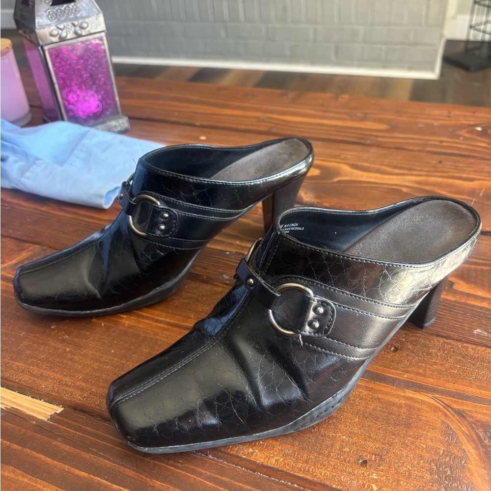 Black Croc-Embossed Slip-On Mule with Buckle Accent